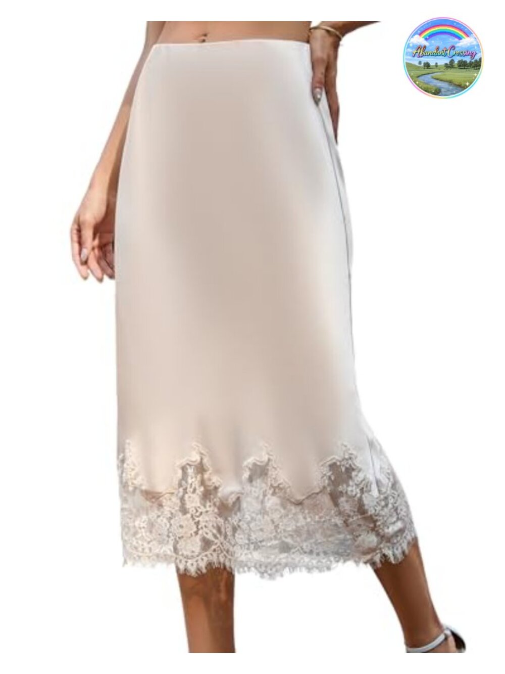 Satin Midi Skirt Elastic Waist Lace Trim A-Line Tulip Hem